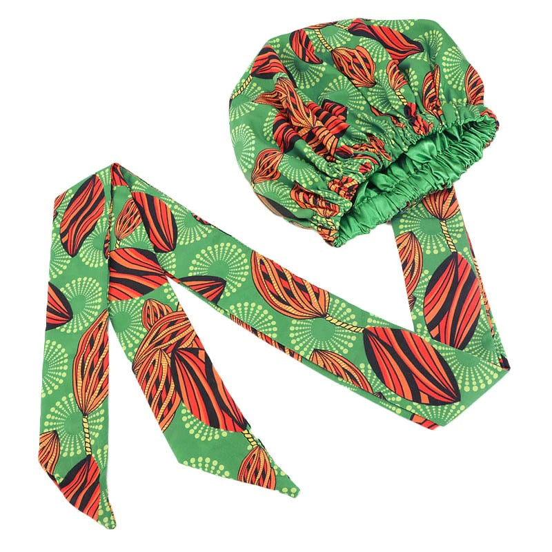 African Print Silk Bonnet Like With Long Headwrap - 3kingsmerch -